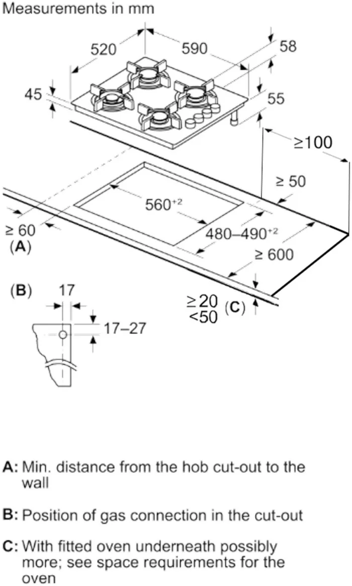 Gazlı Ocak 60 cm Sert cam, Platin gri OE36P9P10D